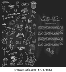 Hand drawn doodle Fast food icons set. Vector illustration. Junk food elements collection. Cartoon snack various sketch symbol: soda, burger, potato,hot dog, pizza, tacos, sweet desert, donut, popcorn