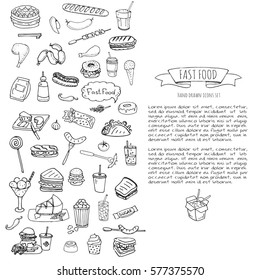Hand drawn doodle Fast food icons set. Vector illustration. Junk food elements collection. Cartoon snack various sketch symbol: soda, burger, potato,hot dog, pizza, tacos, sweet desert, donut, popcorn