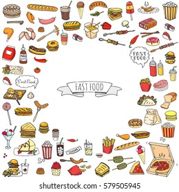 Hand drawn doodle Fast food icons set. Vector illustration. Junk food elements collection. Cartoon snack various sketch symbol: soda, burger, potato,hot dog, pizza, tacos, sweet desert, donut, popcorn