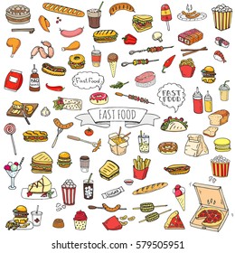 Hand drawn doodle Fast food icons set. Vector illustration. Junk food elements collection. Cartoon snack various sketch symbol: soda, burger, potato,hot dog, pizza, tacos, sweet desert, donut, popcorn