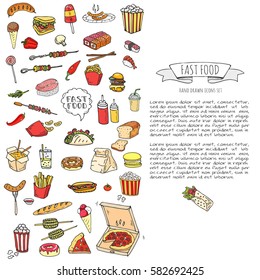 Hand drawn doodle Fast food icons set. Vector illustration. Junk food elements collection. Cartoon snack various sketch symbol: soda, burger, potato,hot dog, pizza, tacos, sweet desert, donut, popcorn