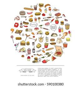 Hand drawn doodle Fast food icons set. Vector illustration. Junk food elements collection. Cartoon snack various sketch symbol: soda, burger, potato,hot dog, pizza, tacos, sweet desert, donut, popcorn