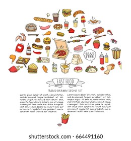 Hand drawn doodle Fast food icons set. Vector illustration. Junk food elements collection. Cartoon snack various sketch symbol: soda, burger, potato,hot dog, pizza, tacos, sweet desert, donut, popcorn