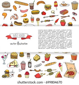 Hand drawn doodle Fast food icons set. Vector illustration. Junk food elements collection. Cartoon snack various sketch symbol: soda, burger, potato,hot dog, pizza, tacos, sweet desert, donut, popcorn
