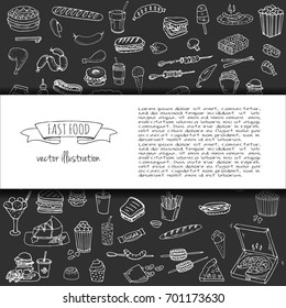 Hand drawn doodle Fast food icons set. Vector illustration. Junk food elements collection. Cartoon snack various sketch symbol: soda, burger, potato,hot dog, pizza, tacos, sweet desert, donut, popcorn