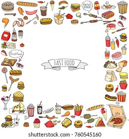 Hand drawn doodle Fast food icons set. Vector illustration. Junk food elements collection. Cartoon snack various sketch symbol: soda, burger, potato,hot dog, pizza, tacos, sweet desert, donut, popcorn