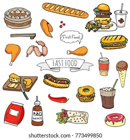 Hand drawn doodle Fast food icons set. Vector illustration. Junk food elements collection. Cartoon snack various sketch symbol: soda, burger, potato,hot dog, pizza, tacos, sweet desert, donut, popcorn