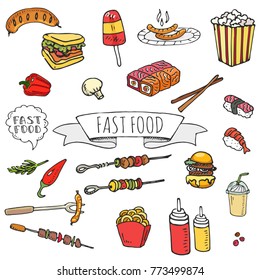 Hand drawn doodle Fast food icons set. Vector illustration. Junk food elements collection. Cartoon snack various sketch symbol: soda, burger, potato,hot dog, pizza, tacos, sweet desert, donut, popcorn