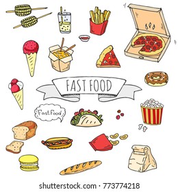 Hand drawn doodle Fast food icons set. Vector illustration. Junk food elements collection. Cartoon snack various sketch symbol: soda, burger, potato,hot dog, pizza, tacos, sweet desert, donut, popcorn