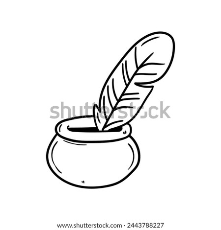 Hand drawn doodle feather and inkwell isolated on white background. Vector illustration.