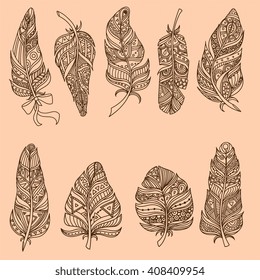 Hand Drawn Doodle Feather Set Of Black And Beige Color Vector Zen Style Design