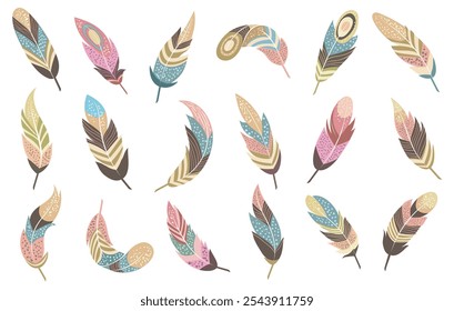 Hand drawn doodle feathers. Colorful feather emblem set isolated vector illustration