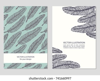 Hand drawn doodle feathers. Cover template collection. Artistic cute celebrating cards. Set design elements. Outline vector drawing.