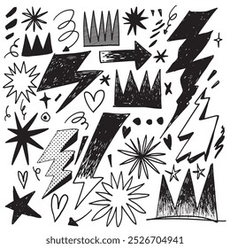 A hand drawn doodle featuring bold lightning bolts, thunder symbols, and graphic shapes in a playful and energetic style, with a mix of stars, arrows, and abstract forms