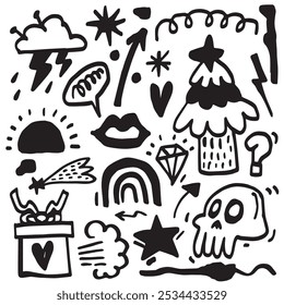 A hand drawn doodle featuring bold and random elements like a skull, stars, lips, a rainbow, and a Christmas tree in a playful and expressive style