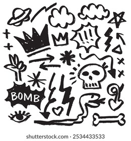 A hand drawn doodle featuring bold, dry brush strokes with edgy elements like crowns, lightning, arrows, and skulls in a rough, expressive style