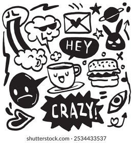 A hand drawn doodle featuring bold and playful elements like clouds, a burger, a cup, and fun text like "HEY" and "CRAZY" in a lively and energetic style