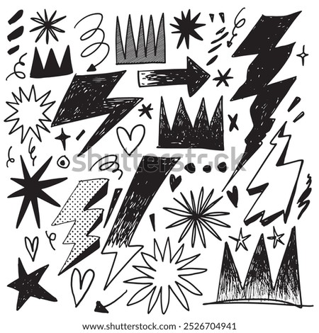 A hand drawn doodle featuring bold lightning bolts, thunder symbols, and graphic shapes in a playful and energetic style, with a mix of stars, arrows, and abstract forms