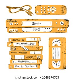 Hand drawn doodle featuring media 90s. Vector illustration. Set of 5 design elements. Grunge texture.