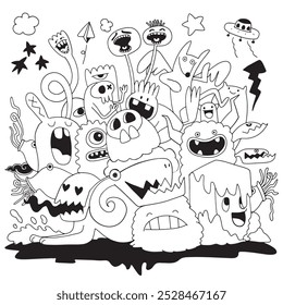 A hand drawn doodle featuring playful and quirky monsters with fun expressions and random elements like UFOs and lightning in a whimsical and energetic style