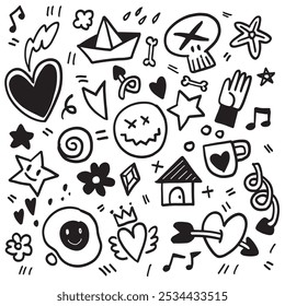 A hand drawn doodle featuring playful and random elements like hearts, stars, skulls, and musical notes in a whimsical and creative style