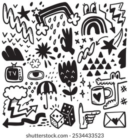 A hand drawn doodle featuring playful and random elements like rainbows, umbrellas, flowers, and stars in a bold and whimsical style