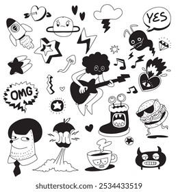 A hand drawn doodle featuring quirky characters, musical elements, and playful objects like planets, guitars, and burgers in a fun and whimsical style