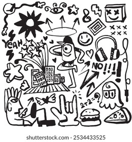 A hand drawn doodle featuring rough, bold strokes with playful and cool elements like stars, headphones, burgers, and abstract shapes in a fun and energetic style