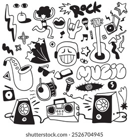 A hand drawn doodle featuring various musical instruments and fun elements like guitars, headphones, microphones, and speakers in a playful and energetic style