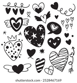 A hand drawn doodle featuring various heart shapes and love elements, including winged hearts, speech bubbles, and decorative patterns in a fun and romantic style