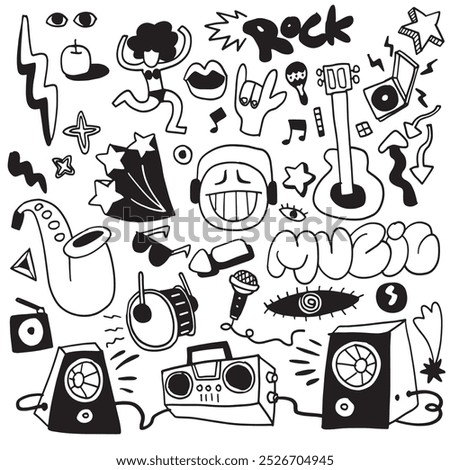 A hand drawn doodle featuring various musical instruments and fun elements like guitars, headphones, microphones, and speakers in a playful and energetic style