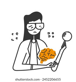 hand drawn doodle female doctor is examining human brain using a magnifying glass