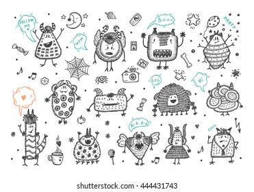 Hand Drawn Doodle Fictional Fabulous Creatures Characters for Kids. Cute Cartoon Monsters or Aliens Vector Set.