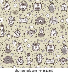 Hand Drawn Doodle Fictional Fabulous Creatures Characters for Kids. Cute Cartoon Monsters or Aliens Vector Seamless pattern. Monochrome wallpaper for children