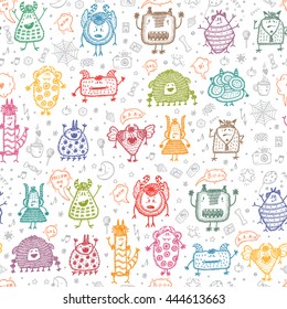 Hand Drawn Doodle Fictional Fabulous Creatures Characters for Kids. Cute Cartoon Multicolor Monsters or Aliens Vector Seamless pattern. Colorful wallpaper for children