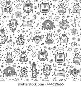 Hand Drawn Doodle Fictional Fabulous Creatures Characters for Kids. Cute Cartoon Monsters or Aliens Vector Seamless pattern. Black and white wallpaper for children