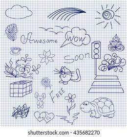 Hand drawn doodle Filled Blue Pen on copybook into a cell. Vector illustration.