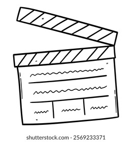 Hand drawn doodle film clapperboard isolated on white background. Vector illustration.