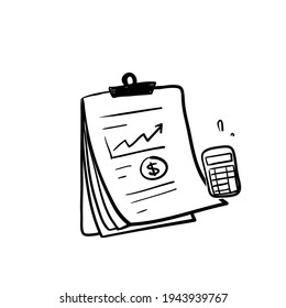 hand drawn doodle Financial Analytics document and calculator icon illustration vector symbol for Financial Report isolated