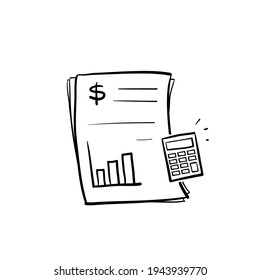 hand drawn doodle Financial Analytics document and calculator icon illustration vector symbol for Financial Report isolated