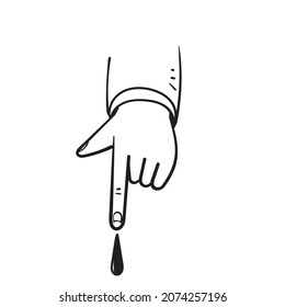 hand drawn doodle finger with drop blood symbol for medical blood test illustration vector