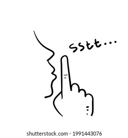 hand drawn doodle finger in mouth gesture symbol for silence illustration