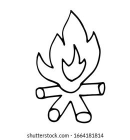Hand drawn doodle fire, flame. Simple thick black line. Best for design of nature and children's coloring book. camping and hiking concept. Vector illustration isolated on white.