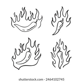 Hand drawn doodle fire hot chili peppers. Outline chile pepper. Vector illustration