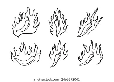 Dibujado a mano doodle fuego pimientos picantes. Contorno de pimienta de chile. Ilustración vectorial