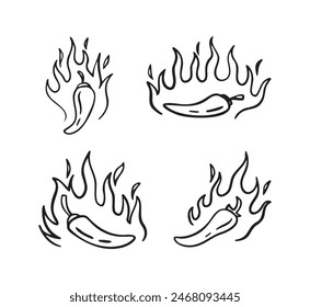 Hand drawn doodle fire hot chili peppers. Outline chile pepper. Vector illustration