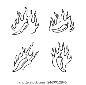 Hand drawn doodle fire hot chili peppers. Outline chile pepper. Vector illustration