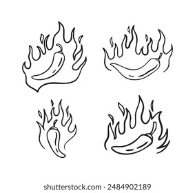 Hand drawn doodle fire hot chili peppers. Outline chile pepper. Vector illustration