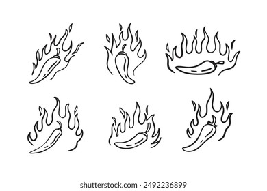 Dibujado a mano doodle fuego pimientos picantes. Contorno de pimienta de chile. Ilustración vectorial