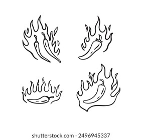 Hand drawn doodle fire hot chili peppers. Outline chile pepper. Vector illustration